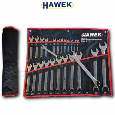 Професионален комплект звездогаечни ключове HAWEK, 25 части (6-36 мм) Професионален комплект звездогаечни ключове HAWEK, състоящ се от 25 ключа с размери от 6 мм до 36 мм, изработен от хром-ванадиева стомана. Комплектът предлага изключителна здравина и дълготрайност, което го прави идеален за професионални и домашни ремонти. Всеки ключ е с полиран финиш и хромирано покритие, осигуряващи висока устойчивост на корозия и механично износване.