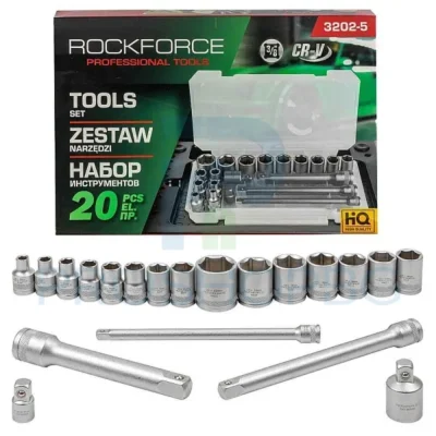 Комплект вложки 20 части 3/8" (6-22 мм) ROCKFORCE RF-3202-5 – Здравина и Удобство Комплектът вложки ROCKFORCE RF-3202-5 е професионален инструментален сет от 20 части, създаден за различни ремонтни дейности. Включва вложки с размери от 6 мм до 22 мм, удължения и преходници, което го прави изключително практичен за работа върху различни видове резбови съединения. Комплектът се доставя в здрава и удобна пластмасова кутия за лесно съхранение и пренасяне.