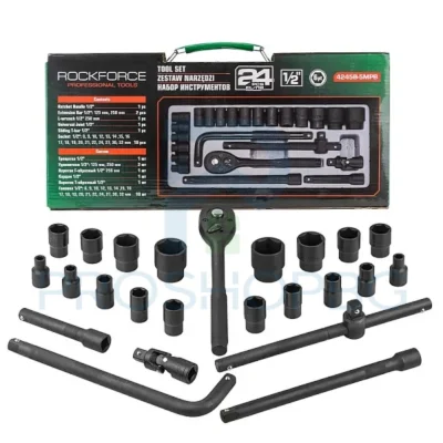 Гедоре 1/2" 24 части ударно ROCKFORCE RF-4245B-5MPB Гедоре 1/2" 24 части ударно ROCKFORCE RF-4245B-5MPB е професионален комплект, който включва всички необходими инструменти за работа с болтове и гайки. С ударни вложки, изработени от хром-молибденова стомана (CR-MO), този комплект предлага изключителна здравина и издръжливост, подходяща за високи натоварвания.
