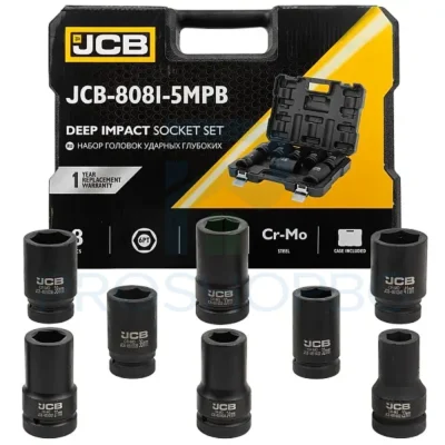 Комплект дълбоки ударни вложки 6-стенни 1" (22 – 41 мм) – 8 части JCB 8081-5MPB Комплектът дълбоки ударни вложки JCB 8081-5MPB е здрав и надежден, предназначен за работа с пневматични и ударни гайковерти. Изработен от висококачествена хром-молибденова стомана (CR-MO), той осигурява изключителна здравина и устойчивост на натоварване.
