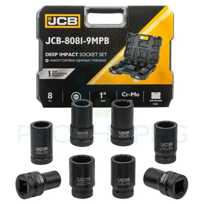Комплект дълбоки ударни вложки 12-стенни 1" (22 – 41 мм) – 8 части JCB 8081-9MPB Комплектът дълбоки ударни вложки JCB 8081-9MPB е професионален инструмент, предназначен за работа с високи натоварвания. Изработен от хром-молибденова стомана (CR-MO), този комплект осигурява здравина, устойчивост на удари и дълготрайност, което го прави идеален за автосервизи, индустриални работилници и тежка механика.