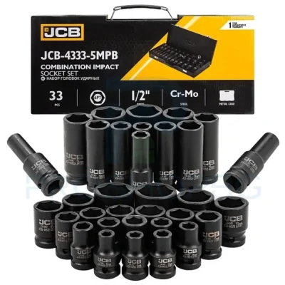 Комплект ударни вложки JCB 33 части 1/2" – 4333-5MPB Професионалният комплект ударни вложки JCB включва 33 части, изработени от високоякостен хром-молибден (CR-MO), гарантиращ здравина и устойчивост на удари. Подходящ за автосервизи, механични работилници и тежка индустрия.