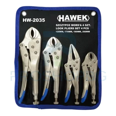 Комплект клещи чираци 4 части HAWEK HW-2035 Професионалният комплект клещи чираци HAWEK HW-2035 е незаменим помощник във всяка работилница – идеален за ВиК, заваръчни, автомобилни, механични и ключарски дейности. Изработени от здрава хром-ванадиева стомана (Cr-V), клещите осигуряват сигурен захват и максимална издръжливост при интензивна употреба.