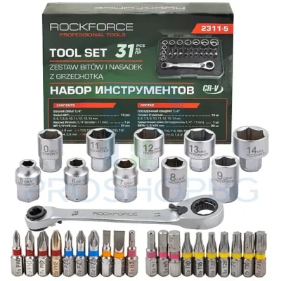 Мини гедоре ROCKFORCE 31 части – мощ в дланта ти Не просто комплект. Това е твоят личен помощник, когато всеки милиметър пространство и всяка минута имат значение. Представи си инструмент, който събира цяла работилница в дланта ти – лек, подреден, винаги готов. За моментите, когато трябва да действаш точно, бързо и с пълна увереност.