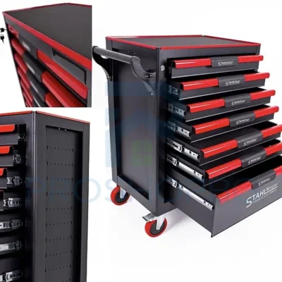 Шкаф-количка за инструменти STAHLMAYER Red Line – 7 чекмеджета, стоманена конструкция, заключване Количката за инструменти STAHLMAYER Red Line е създадена за професионалисти, които ценят подредената работна среда, здравината и мобилността.