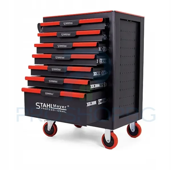 Шкаф-количка за инструменти STAHLMAYER Red Line – 7 чекмеджета, стоманена конструкция, заключване Количката за инструменти STAHLMAYER Red Line е създадена за професионалисти, които ценят подредената работна среда, здравината и мобилността.