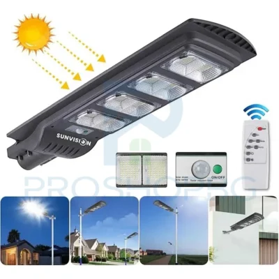Соларна улична лампа SUNVISION 1800W – супер мощно и автономно LED осветление 🌞 Без ток. Без кабели. Само слънце и светлина. Соларната улична лампа SUNVISION 1800W предлага високоефективно осветление за външни пространства – без нужда от електрическа мрежа.