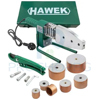 Лепачка за ППР тръби HAWEK 1500W, накрайници 20–63 мм, метален куфар, ножица и пълен комплект аксесоари. Надеждна и мощна машина за професионално заваряване.