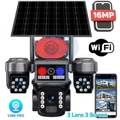 Соларна охранителна камера Sunvision 28-80 с Wi-Fi, 16 MP, 3 обектива, аларма, нощно виждане и автономно захранване