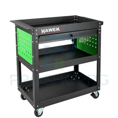 Инструментална количка HAWEK HW-1191 с 3 рафта и 1 чекмедже. Товароносимост до 150 кг, здрава метална конструкция и колела със спирачка.